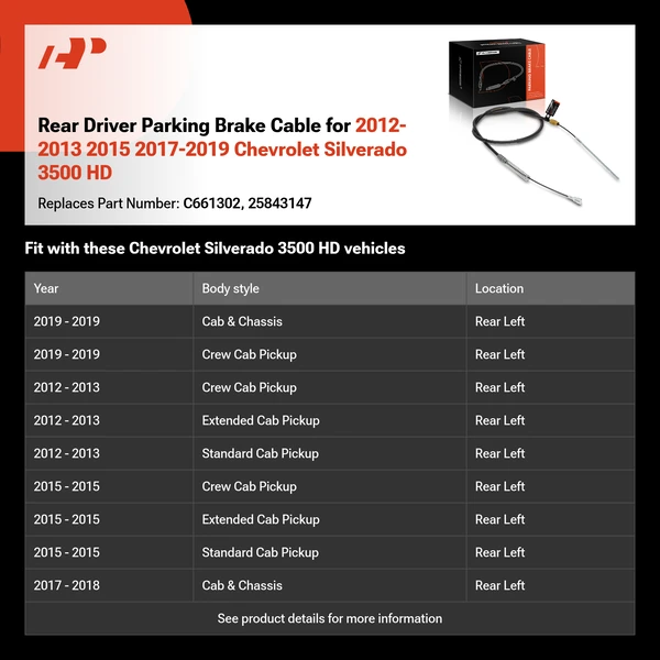 Rear Driver Parking Brake Cable for 2012-2013 2015 2017-2019 Chevrolet Silverado 3500 HD