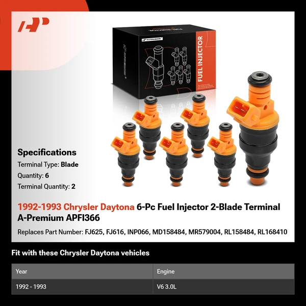 1992-1993 Chrysler Daytona 6-Pc Fuel Injector 2-Blade Terminal A-Premium APFI366