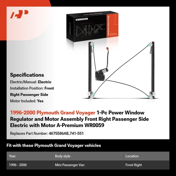 1996-2000 Plymouth Grand Voyager 1-Pc Power Window Regulator and Motor Assembly Front Right Passenger Side Electric with Motor A-Premium WR0059