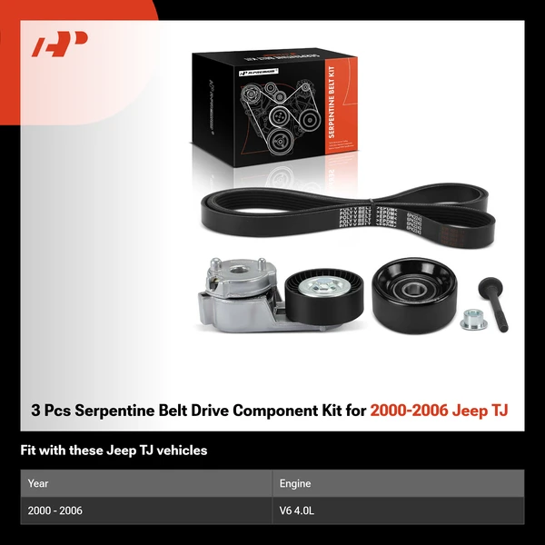 3 Pcs Serpentine Belt Drive Component Kit for 2000-2006 Jeep TJ