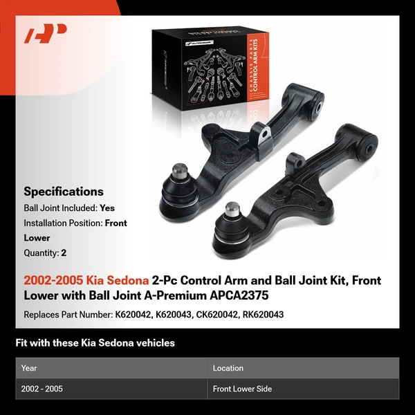 2002-2005 Kia Sedona 2-Pc Control Arm and Ball Joint Kit, Front Lower with Ball Joint A-Premium APCA2375