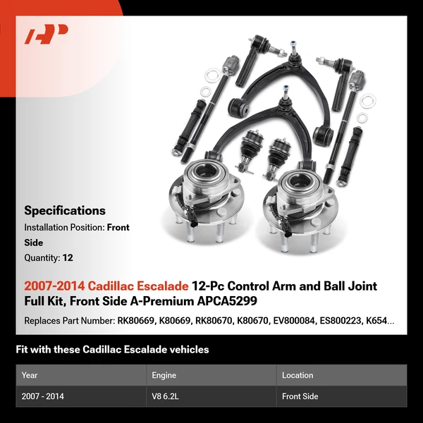 2007-2014 Cadillac Escalade 12-Pc Control Arm and Ball Joint Full Kit, Front Side A-Premium APCA5299