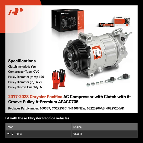 2017-2023 Chrysler Pacifica AC Compressor with Clutch with 6-Groove Pulley A-Premium APACC735
