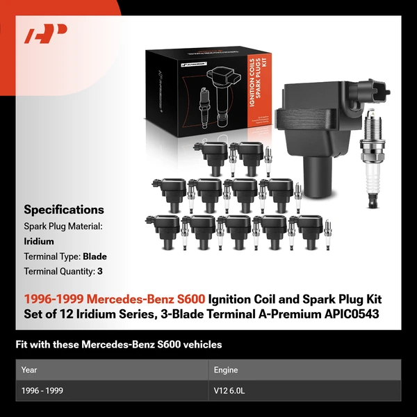 1996-1999 Mercedes-Benz S600 Ignition Coil and Spark Plug Kit Set of 12 Iridium Series, 3-Blade Terminal A-Premium APIC0543
