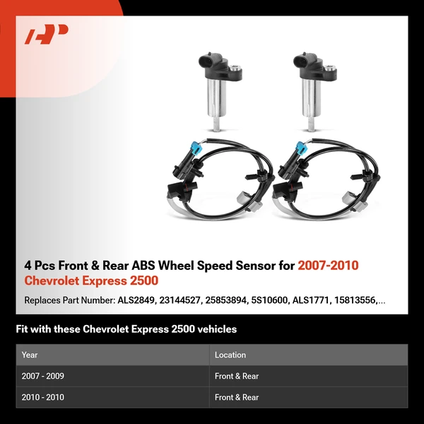 4 Pcs Front & Rear ABS Wheel Speed Sensor for 2007-2010 Chevrolet Express 2500