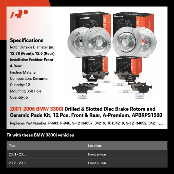 2001-2006 BMW 330Ci Drilled & Slotted Disc Brake Rotors and Ceramic Pads Kit, 12 Pcs, Front & Rear, A-Premium, APBRPS1560