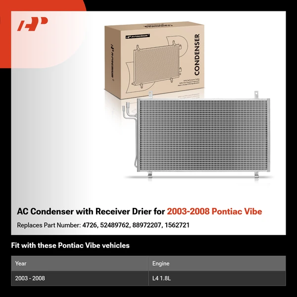 AC Condenser with Receiver Drier for 2003-2008 Pontiac Vibe