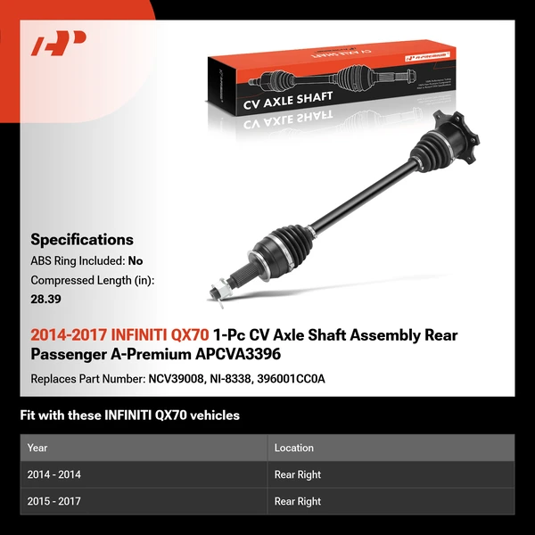 2014-2017 INFINITI QX70 1-Pc CV Axle Shaft Assembly Rear Passenger A-Premium APCVA3396