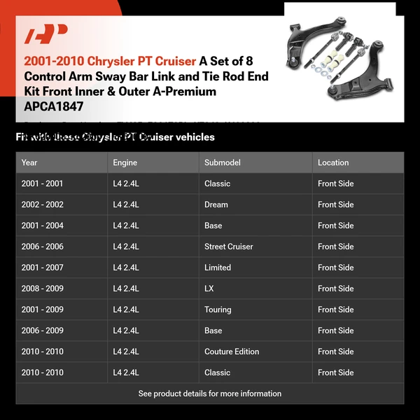 2001-2010 Chrysler PT Cruiser A Set of 8 Control Arm Sway Bar Link and Tie Rod End Kit Front Inner & Outer A-Premium APCA1847