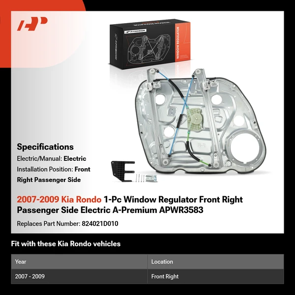 2007-2009 Kia Rondo 1-Pc Window Regulator Front Right Passenger Side Electric A-Premium APWR3583