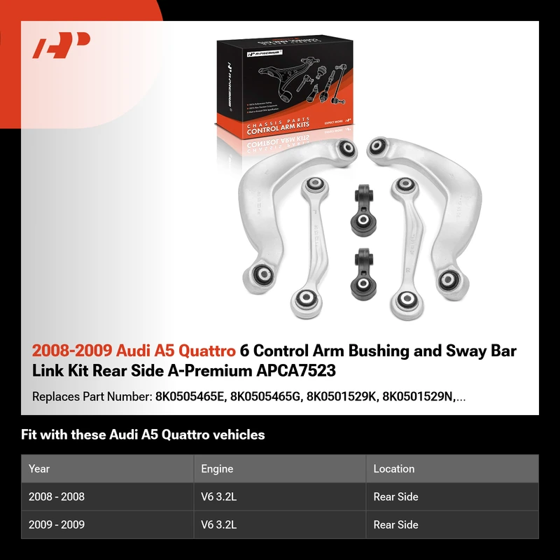 2008-2009 Audi A5 Quattro 6 Control Arm Bushing and Sway Bar Link Kit Rear Side A-Premium APCA7523