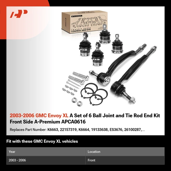 2003-2006 GMC Envoy XL A Set of 6 Ball Joint and Tie Rod End Kit Front Side A-Premium APCA0616