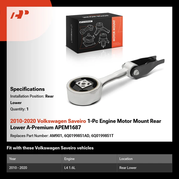 2010-2020 Volkswagen Saveiro 1-Pc Engine Motor Mount Rear Lower A-Premium APEM1687