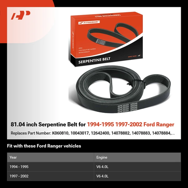 81.04 inch Serpentine Belt for 1994-1995 1997-2002 Ford Ranger