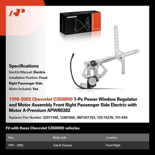 1998-2002 Chevrolet C3500HD 1-Pc Power Window Regulator and Motor Assembly Front Right Passenger Side Electric with Motor A-Premium APWR0382