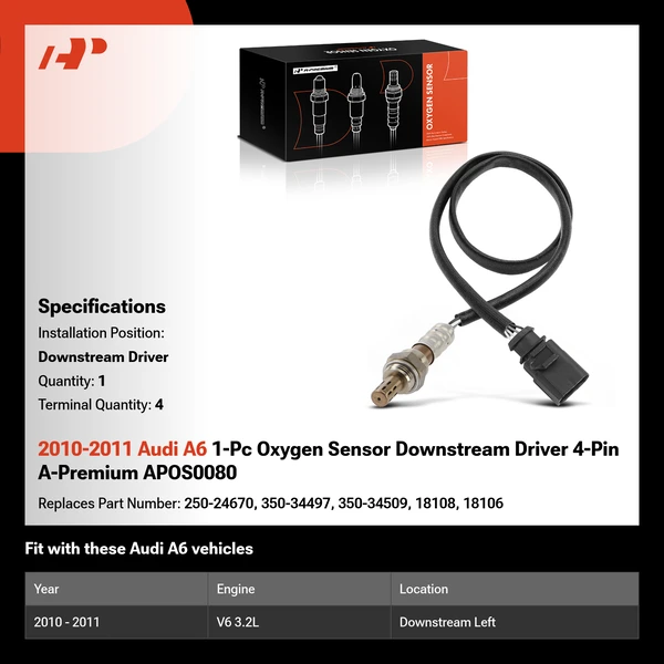 2010-2011 Audi A6 1-Pc Oxygen Sensor Downstream Driver 4-Pin A-Premium APOS0080