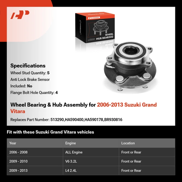 Wheel Bearing & Hub Assembly for 2006-2013 Suzuki Grand Vitara