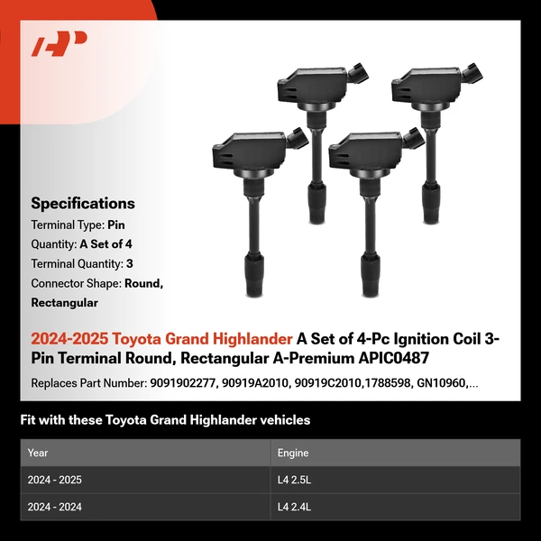 2024-2025 Toyota Grand Highlander A Set of 4-Pc Ignition Coil 3-Pin Terminal Round, Rectangular A-Premium APIC0487
