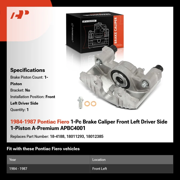 1984-1987 Pontiac Fiero 1-Pc Brake Caliper Front Left Driver Side 1-Piston A-Premium APBC4001