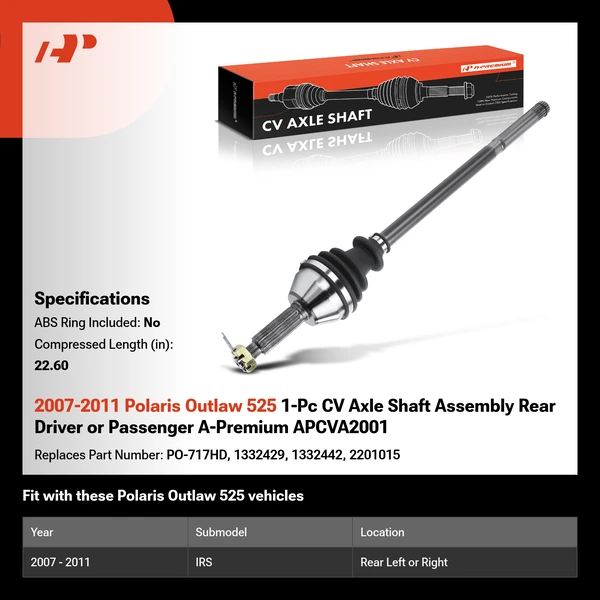 2007-2011 Polaris Outlaw 525 1-Pc CV Axle Shaft Assembly Rear Driver or Passenger A-Premium APCVA2001
