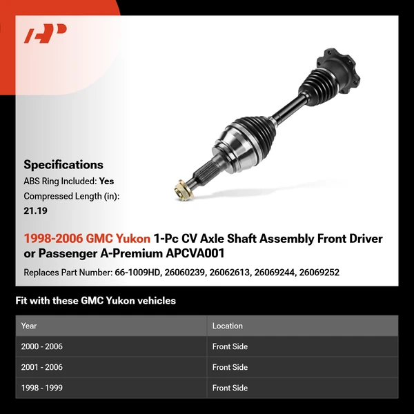 1998-2006 GMC Yukon 1-Pc CV Axle Shaft Assembly Front Driver or Passenger A-Premium APCVA001
