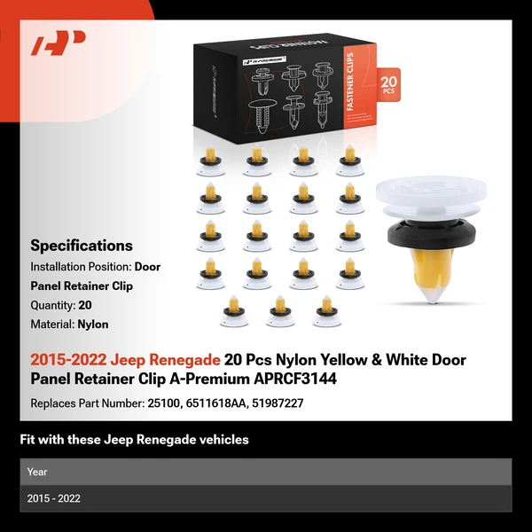 2015-2022 Jeep Renegade 20 Pcs Nylon Yellow & White Door Panel Retainer Clip A-Premium APRCF3144
