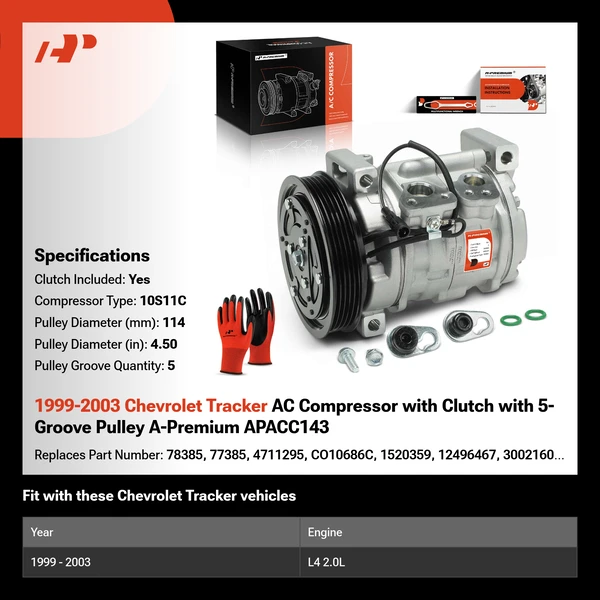 1999-2003 Chevrolet Tracker AC Compressor with Clutch with 5-Groove Pulley A-Premium APACC143