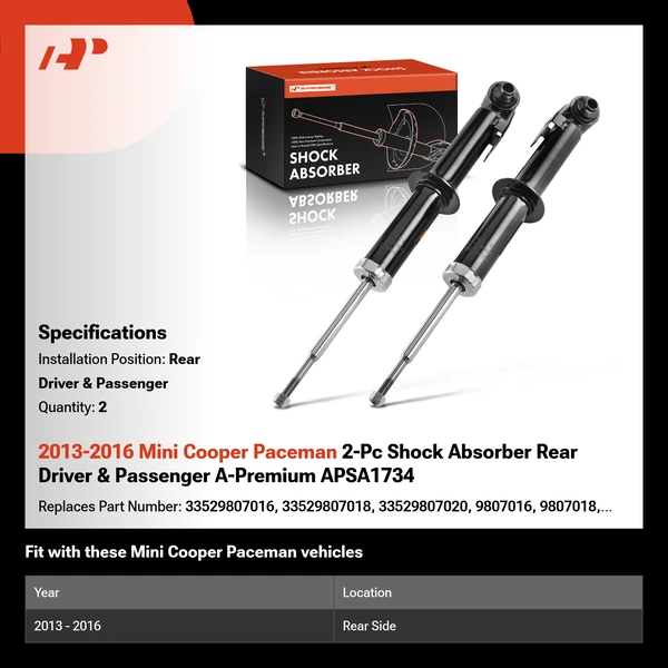 2013-2016 Mini Cooper Paceman 2-Pc Shock Absorber Rear Driver & Passenger A-Premium APSA1734