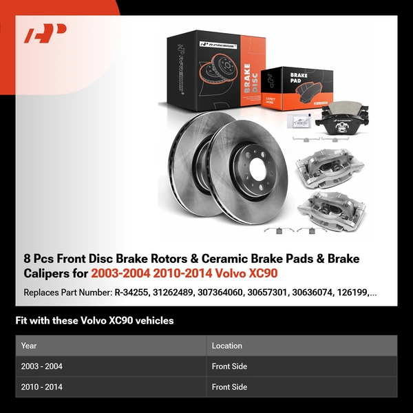 8 Pcs Front Disc Brake Rotors & Ceramic Brake Pads & Brake Calipers for 2003-2004 2010-2014 Volvo XC90
