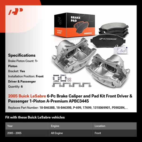 2005 Buick LeSabre 6-Pc Brake Caliper and Pad Kit Front Driver & Passenger 1-Piston A-Premium APBC3445