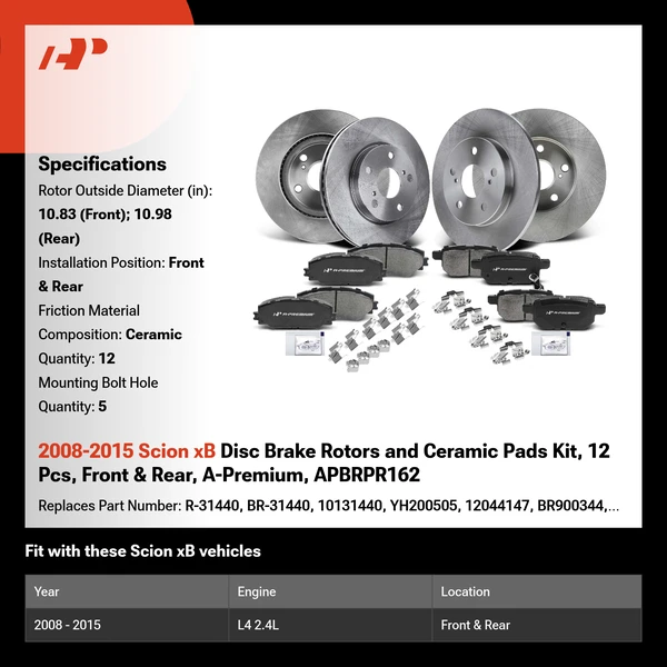 2008-2015 Scion xB Disc Brake Rotors and Ceramic Pads Kit, 12 Pcs, Front & Rear, A-Premium, APBRPR162