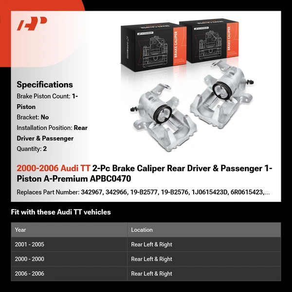 2000-2006 Audi TT 2-Pc Brake Caliper Rear Driver & Passenger 1-Piston A-Premium APBC0470