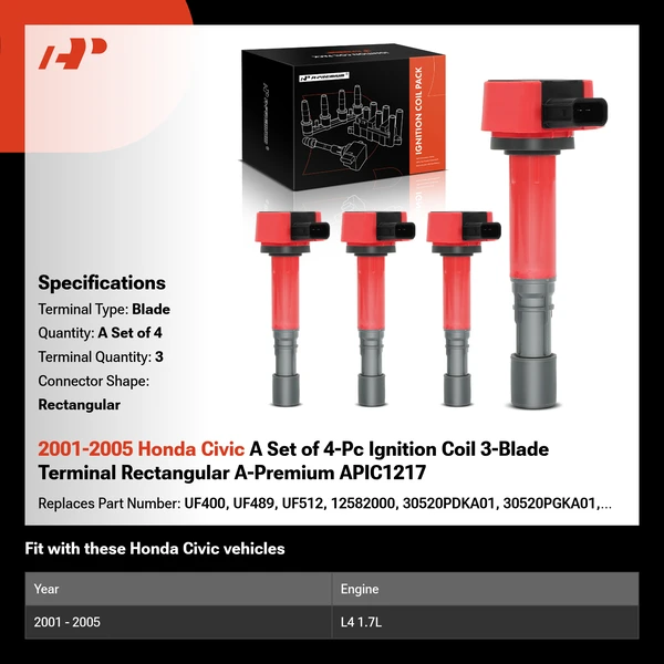 2001-2005 Honda Civic A Set of 4-Pc Ignition Coil 3-Blade Terminal Rectangular A-Premium APIC1217