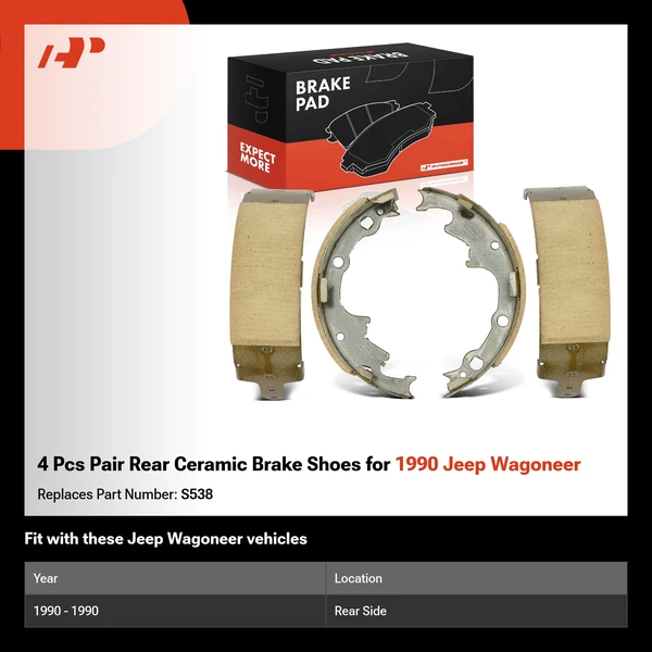 4 Pcs Pair Rear Ceramic Brake Shoes for 1990 Jeep Wagoneer