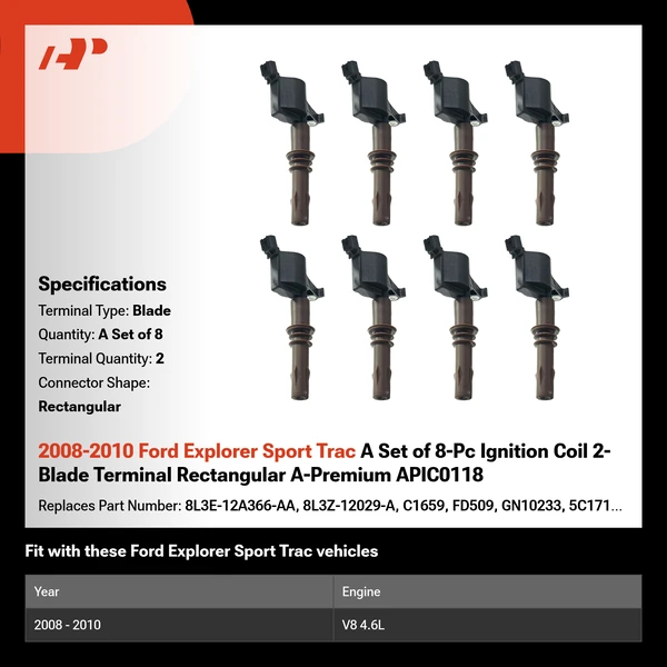 2008-2010 Ford Explorer Sport Trac A Set of 8-Pc Ignition Coil 2-Blade Terminal Rectangular A-Premium APIC0118