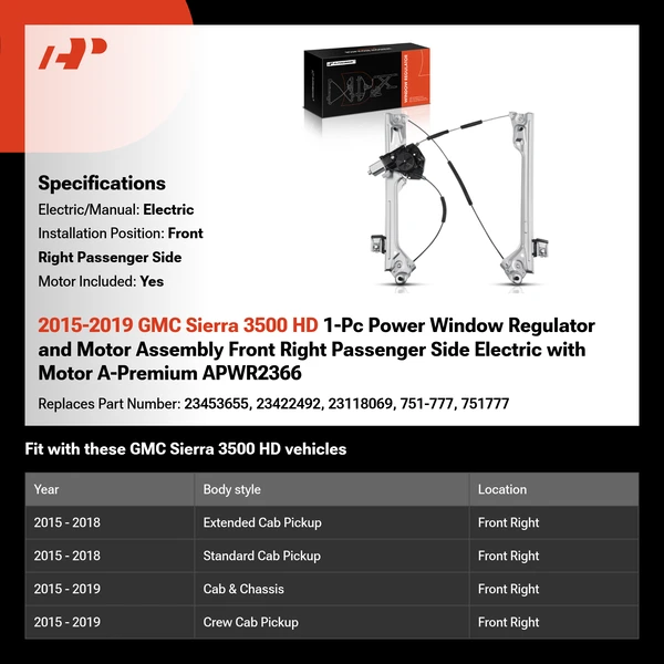 2015-2019 GMC Sierra 3500 HD 1-Pc Power Window Regulator and Motor Assembly Front Right Passenger Side Electric with Motor A-Premium APWR2366