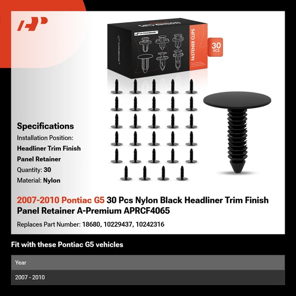 2007-2010 Pontiac G5 30 Pcs Nylon Black Headliner Trim Finish Panel Retainer A-Premium APRCF4065