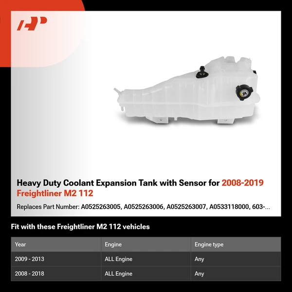 Heavy Duty Coolant Expansion Tank with Sensor for 2008-2019 Freightliner M2 112