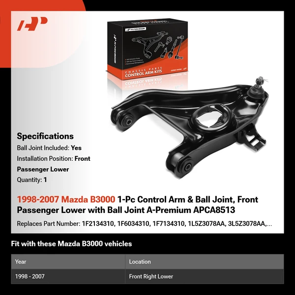 1998-2007 Mazda B3000 1-Pc Control Arm & Ball Joint, Front Passenger Lower with Ball Joint A-Premium APCA8513