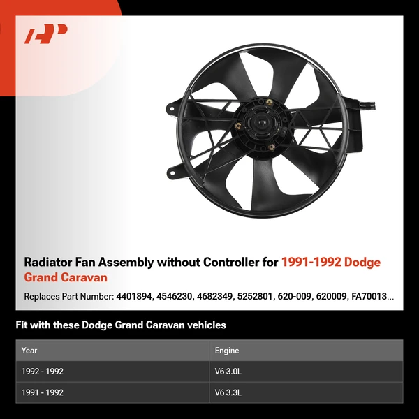 Radiator Fan Assembly without Controller for 1991-1992 Dodge Grand Caravan