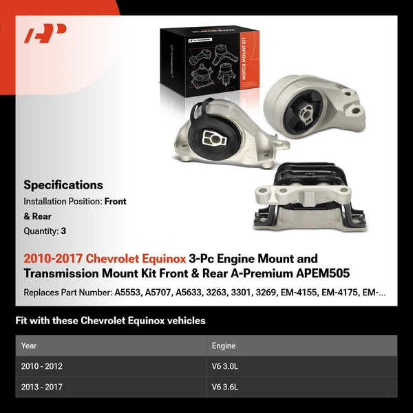 2010-2017 Chevrolet Equinox 3-Pc Engine Mount and Transmission Mount Kit Front & Rear A-Premium APEM505
