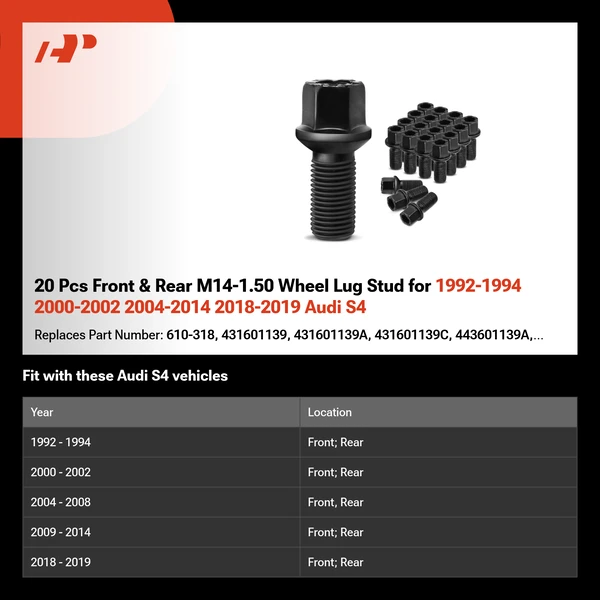 20 Pcs Front & Rear M14-1.50 Wheel Lug Stud for 1992-1994 2000-2002 2004-2014 2018-2019 Audi S4