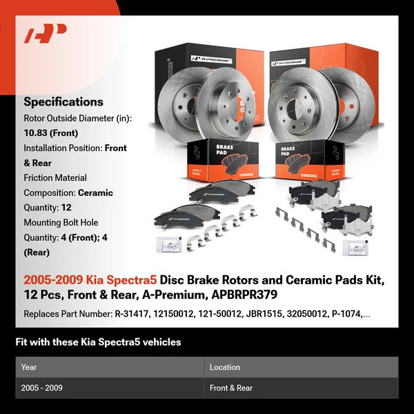 2005-2009 Kia Spectra5 Disc Brake Rotors and Ceramic Pads Kit, 12 Pcs, Front & Rear, A-Premium, APBRPR379