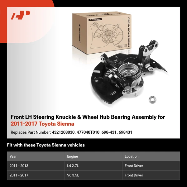Front LH Steering Knuckle & Wheel Hub Bearing Assembly for 2011-2017 Toyota Sienna