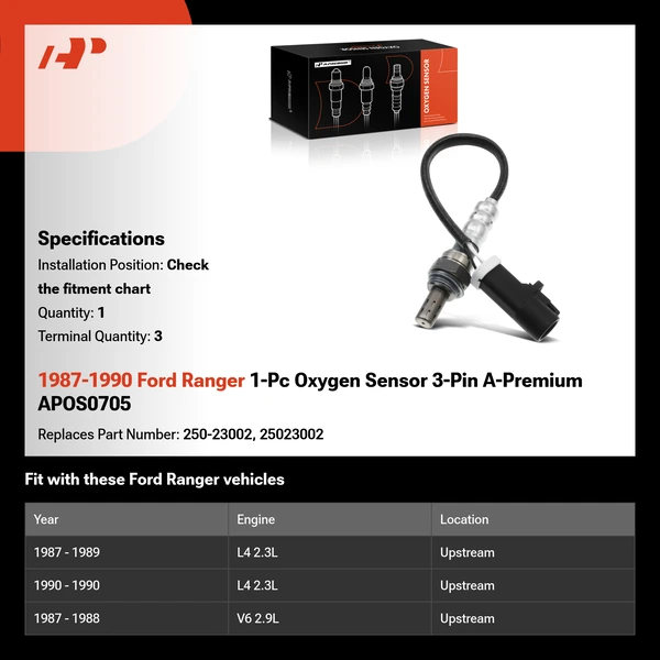 1987-1990 Ford Ranger 1-Pc Oxygen Sensor 3-Pin A-Premium APOS0705