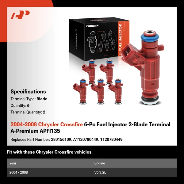 2004-2008 Chrysler Crossfire 6-Pc Fuel Injector 2-Blade Terminal A-Premium APFI135