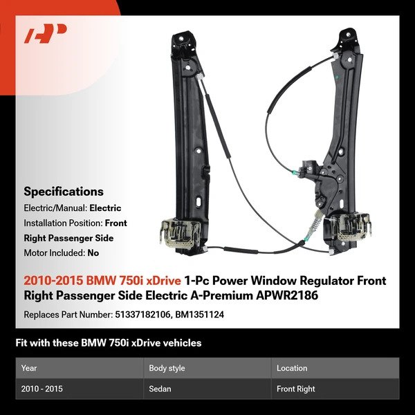2010-2015 BMW 750i xDrive 1-Pc Power Window Regulator Front Right Passenger Side Electric A-Premium APWR2186