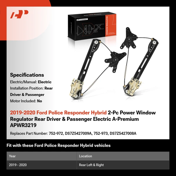 2019-2020 Ford Police Responder Hybrid 2-Pc Power Window Regulator Rear Driver & Passenger Electric A-Premium APWR3219