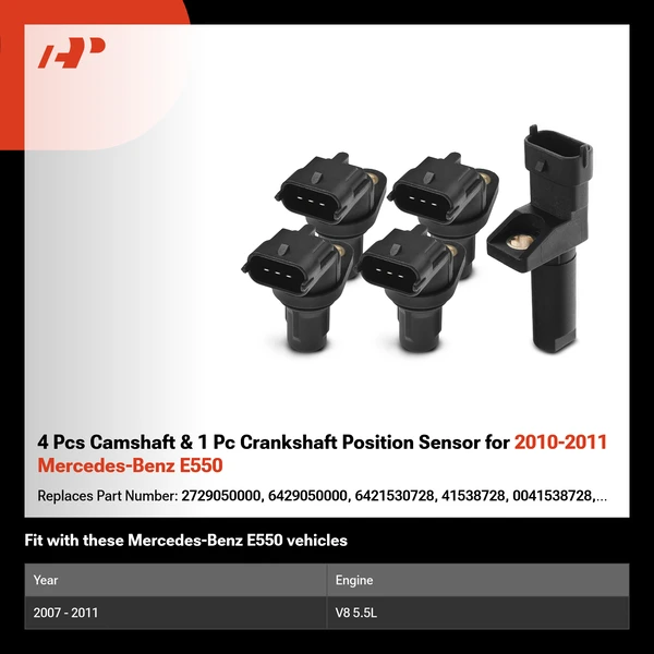4 Pcs Camshaft & 1 Pc Crankshaft Position Sensor for 2010-2011 Mercedes-Benz E550