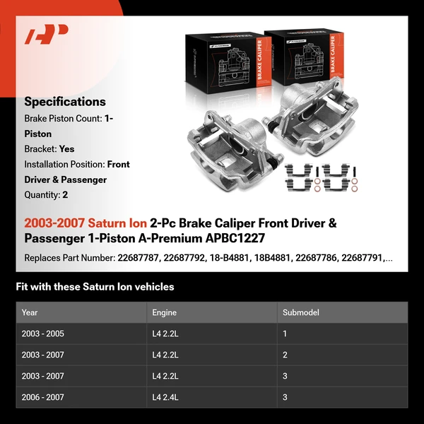 2003-2007 Saturn Ion 2-Pc Brake Caliper Front Driver & Passenger 1-Piston A-Premium APBC1227
